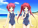  aizawa_misaki beach competition_swimsuit day fujiwara_warawara game_cg green_eyes haruka_ni_aogi_uruwashi_no multiple_girls nire_sumika one-piece_swimsuit red_eyes red_hair short_hair swimsuit twintails 