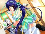  blue_hair brown_eyes chokotto_vampire! cup dutch_angle food frills fruit game_cg hair_ribbon happy long_hair mary_janes non-web_source off_shoulder open_mouth parfait pocky ponytail ribbon shoes solo strawberry teacup teapot thighhighs tokugawain_misao tray very_long_hair waitress yuyi 