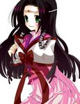  bad_id bad_pixiv_id black_hair blush bow code_geass green_eyes japanese_clothes kimono long_hair pink_kimono red_bow solo sumeragi_kaguya tachibanaei yukata 