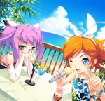  beach blue_eyes blue_hawaii day detached_sleeves fang food glasses green_eyes ice_cream ice_cream_float lowres microphone microphone_stand multiple_girls one_eye_closed orange_hair original pointing purple_hair radio_booth short_hair tropical_drink twintails yashima_takahiro 