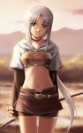  bow_(weapon) hunter_(ragnarok_online) long_hair midriff navel nyaou ponytail ragnarok_online red_eyes solo very_long_hair weapon white_hair 