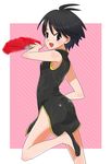  antenna_hair black_hair blue_eyes china_dress chinese_clothes dress fan idolmaster idolmaster_(classic) idolmaster_1 kikuchi_makoto no_socks short_hair solo tamura_en 