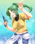  aqua_eyes breasts green_eyes green_hair higurashi_no_naku_koro_ni large_breasts long_hair miyai_sen navel one_eye_closed ponytail solo sonozaki_mion water_gun 