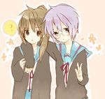  ? blazer brown_eyes brown_hair collarbone genderswap genderswap_(mtf) glasses hug jacket kita_high_school_uniform kyonko looking_at_viewer lowres multiple_girls nagato_yuki purple_hair rimless_eyewear school_uniform serafuku short_hair spoken_question_mark suzumiya_haruhi_no_yuuutsu yoshioka_mitsuko yuri 