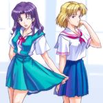  akagi_ritsuko blonde_hair curtsey katsuragi_misato long_hair multiple_girls neon_genesis_evangelion one_eye_closed purple_hair school_uniform serafuku short_hair suzuno_kouya younger 