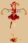  apple barefoot blonde_hair cup dada_(dolce) doll flandre_scarlet food fruit jar ribbon solo syrup touhou wings 