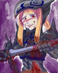  agrias_oaks armor black_armor blonde_hair blood blush braid dark_knight_(final_fantasy) final_fantasy final_fantasy_tactics helmet kitsune-tsuki_(getter) long_hair red_eyes single_braid solo sword weapon 