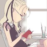  blonde_hair book forehead glasses hijiri_rei lowres original reading skirt solo twintails 