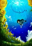  bird brown_hair cloud copyright_request fish flower flying_fish freediving grass hachino scenery school_uniform shoes sky solo sunflower underwater water 