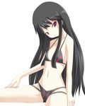  ar_tonelico ar_tonelico_ii bangs bikini black_hair blush cowboy_shot flat_chest hair_over_breasts hand_on_thigh head_tilt jakuri kuro_(be_ok) light_smile long_hair navel profile red_eyes sidelocks simple_background sitting smile solo spread_legs string_bikini swimsuit very_long_hair white_background 