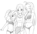  ahoge bikini blush closed_eyes greyscale idolmaster idolmaster_(classic) idolmaster_1 kisaragi_chihaya long_hair midriff miura_azusa monochrome multiple_girls navel one_eye_closed sarong short_hair sketch striped striped_sarong swimsuit takatsuki_yayoi tamura_en trembling twintails 