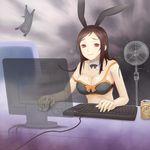  alcohol animal_ears bad_id bad_pixiv_id beer bikini bikini_top breasts brown_hair bunny_ears can cat computer copyright_request electric_fan large_breasts long_hair pun red_eyes solo strap_slip sweat swimsuit ume_(driveume) 
