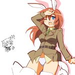 9law ;d animal_ears arm_up belt blue_eyes buckle bunny_ears charlotte_e_yeager green_neckwear long_sleeves looking_afar military military_uniform miyafuji_yoshika necktie one_eye_closed open_mouth orange_hair panties short_hair simple_background smile solo strike_witches translation_request underwear uniform white_background white_panties world_witches_series 