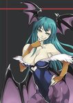  akishima_kei animal_print bat_print bat_wings breasts cleavage elbow_gloves fingerless_gloves gloves green_eyes green_hair head_wings large_breasts long_hair morrigan_aensland pantyhose print_legwear purple_wings solo vampire_(game) wings 