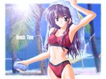  artist_request beach bikini black_eyes can copyright_request day long_hair non-web_source outdoors purple_hair soda_can solo swimsuit towel 
