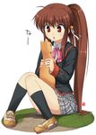  :o bow brown_hair cat full_body little_busters! long_hair nagian natsume_rin pink_bow plaid plaid_skirt red_eyes school_uniform skirt solo 