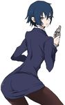  ass blue_hair formal gun jacket lowres mumo_(xxmocom) pantyhose pencil_skirt persona persona_4 shirogane_naoto short_hair skirt skirt_suit solo suit weapon 