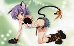  all_fours animal_ears arched_back ass back bell belt blue_hair blush breasts butt_crack cat_ears cat_tail cleavage collar crop_top dimples_of_venus fur highres izumi_ako jingle_bell large_breasts legs mahou_sensei_negima! megami midriff no_panties non-web_source ookaji_hiroyuki open_fly paw_pose paws ribbon scan short_hair short_shorts shorts smile solo tail tail_bell tail_ribbon unzipped wallpaper widescreen yellow_eyes 