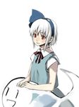  blue_dress dress hairband hitodama konpaku_youmu konpaku_youmu_(ghost) mugishima_orie red_eyes solo standing touhou white_background white_hair 