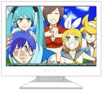  3girls aqua_hair bad_id bad_pixiv_id blonde_hair blue_hair brother_and_sister brown_hair desktop everyone hatsune_miku headphones kagamine_len kagamine_rin kaito meiko monitor multiple_boys multiple_girls necktie ribbon siblings suko_mugi twins twintails vocaloid 