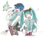  1boy 1girl anger_vein bad_id bad_pixiv_id blood blood_from_mouth blue_hair cold_stone cooking eighth_note hatsune_miku kaito kicking long_hair musical_note suko_mugi thighhighs twintails vocaloid 