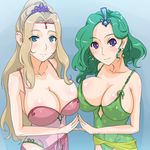  asymmetrical_docking blue_background blue_eyes blush breast_press breasts cleavage collarbone earrings final_fantasy final_fantasy_iv green_hair huge_breasts jewelry jt_dong-agyoku light_smile long_hair looking_at_viewer multiple_girls non-web_source older purple_eyes rosa_farrell rydia 