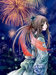  1girl aerial_fireworks brown_hair fireworks green_eyes hair_ornament japanese_clothes miyabi_akino original solo 