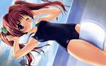  blue_eyes brown_hair copyright_request day duplicate highres kickboard long_hair one-piece_swimsuit one_eye_closed ryouka_(suzuya) school_swimsuit showering sky solo swimsuit twintails wallpaper widescreen 