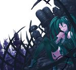  closed_eyes detached_sleeves green_hair hands_clasped hatsune_miku headphones long_hair own_hands_together sitting skirt solo thighhighs torigoe_takumi twintails vocaloid zettai_ryouiki 