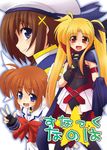  :d armlet bare_shoulders belt beret blonde_hair blue_eyes bow brown_hair buckle fate_testarossa fingerless_gloves gloves hair_ornament hat looking_at_viewer lyrical_nanoha mahou_shoujo_lyrical_nanoha mahou_shoujo_lyrical_nanoha_a's multiple_girls namuru open_mouth purple_eyes red_bow red_eyes red_hair sidelocks smile takamachi_nanoha thighhighs translation_request twintails wings x_hair_ornament yagami_hayate 