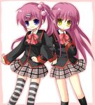  blue_eyes bow futaki_kanata half_updo little_busters! multiple_girls pink_bow pink_hair saigusa_haruka striped striped_legwear thighhighs yellow_eyes yuzuki_(yuduame) 