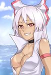  armband bikini_tan breasts choker cleavage cloud dark_skin day fujiwara_no_mokou grin houtengeki long_hair medium_breasts ocean open_clothes open_shirt outdoors pink_eyes ribbon shirt sky smile solo tan tanline touhou upper_body white_hair 