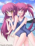  &gt;_&lt; beach blush closed_eyes day futaki_kanata half_updo little_busters! long_hair multiple_girls ocean one-piece_swimsuit purple_hair saigusa_haruka school_swimsuit side_ponytail swimsuit taira_takehiro yellow_eyes 