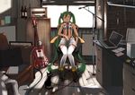  alcohol bass_guitar cat closed_eyes computer green_hair hatsune_miku instrument laptop long_hair microphone microphone_stand muraji necktie rickenbacker sitting sleeping sleeping_upright solo suspenders thighhighs twintails vocaloid 