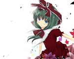  autumn_leaves capelet dress expressionless front_ponytail green_eyes green_hair hazakura_matsuri kagiyama_hina puffy_short_sleeves puffy_sleeves red_dress short_hair short_sleeves solo touhou upper_body 