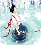  artist_request black_hair blue_hakama hakama haori japanese_clothes katana katekyo_hitman_reborn! male_focus solo sword water weapon yamamoto_takeshi 