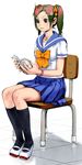  bad_id bad_pixiv_id book chair copyright_request green_hair multicolored_hair purple_hair reading ribbon school_uniform serafuku sitting solo twintails yasuda_akira 