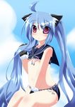  :3 animal_ears artist_request bikini blue_hair blush cat_ears cloud day gloves highres kooh long_hair pangya red_eyes ribbon sky smile solo swimsuit twintails 