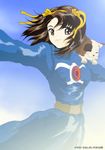  brown_eyes brown_hair calico cosplay dress kaze_no_tani_no_nausicaa logo nanashi_noiji nausicaa nausicaa_(cosplay) non-web_source outstretched_arms shamisen_(suzumiya_haruhi) short_hair solo sos-dan_logo spread_arms suzumiya_haruhi suzumiya_haruhi_no_yuuutsu 