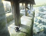  barefoot brown_hair building cat cb city cloud day dress long_hair original ruins scenery sky solo sun 