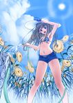  :d arm_up artist_request bikini blue_eyes brown_hair cloud copyright_request day flower from_below hand_on_headwear hat hose legs_apart open_mouth short_shorts shorts sky smile solo standing striped striped_bikini sun sun_hat sunflower swimsuit water 