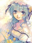  ame_yamori bare_shoulders blue_eyes copyright_request dress flower green_hair long_hair smile solo 