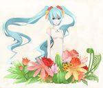  blue_eyes blue_hair cactus daisy dress flower hatsune_miku long_hair rose solo tansuke twintails vocaloid 