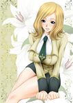  blonde_hair blue_eyes breasts code_geass large_breasts milly_ashford school_uniform sitting size_hermitage skirt smile solo 