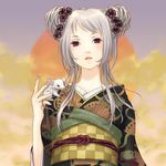  ayumi_k japanese_clothes kimono mouse original red_eyes silver_hair sky solo 