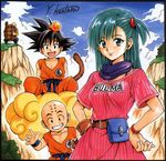  1boy 1girl 3boys bald black_hair blue_eyes blue_hair bulma buririn cloud dragon_ball dragon_ball_(object) dragonball flying_nimbus green_eyes green_hair grin hands_on_hips happy kintoun kuririn long_hair looking_at_viewer matching_hair/eyes multiple_boys muten_roushi nimbus nyoibo old_man open_mouth outdoors roshi short_hair side_ponytail signature sky smile son_goku son_gokuu sunglasses tail turtle_shell waving yabuki_kentaro yabuki_kentarou 