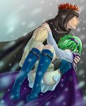  1girl aozora_kyuuji blue_footwear boots cameltoe cape carrying couple fire_emblem fire_emblem:_rekka_no_ken green_hair hairband hetero jaffar_(fire_emblem) nino_(fire_emblem) panties pantyshot princess_carry purple_hairband underwear white_panties 