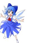  1girl :d ascot blue_bow blue_dress blue_hair bow cirno dress fang full_body hair_bow kiku_hitomoji legs_apart light_blue_hair looking_at_viewer open_mouth outstretched_arms red_ascot shirt short_sleeves sleeveless sleeveless_dress smile socks solo touhou white_background white_shirt white_socks 