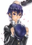  4hands androgynous cabbie_hat gakuran hat out_of_frame persona persona_4 petals petting purple_eyes purple_hair reverse_trap school_uniform shirogane_naoto short_hair solo_focus tears yasogami_school_uniform 