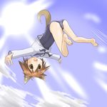  animal_ears bad_id bad_pixiv_id brown_eyes brown_hair cloud day flying miyafuji_yoshika no_pants one-piece_swimsuit school_swimsuit school_uniform serafuku short_hair sky solo strike_witches swimsuit swimsuit_under_clothes tail world_witches_series yoshizawa_hikoto 